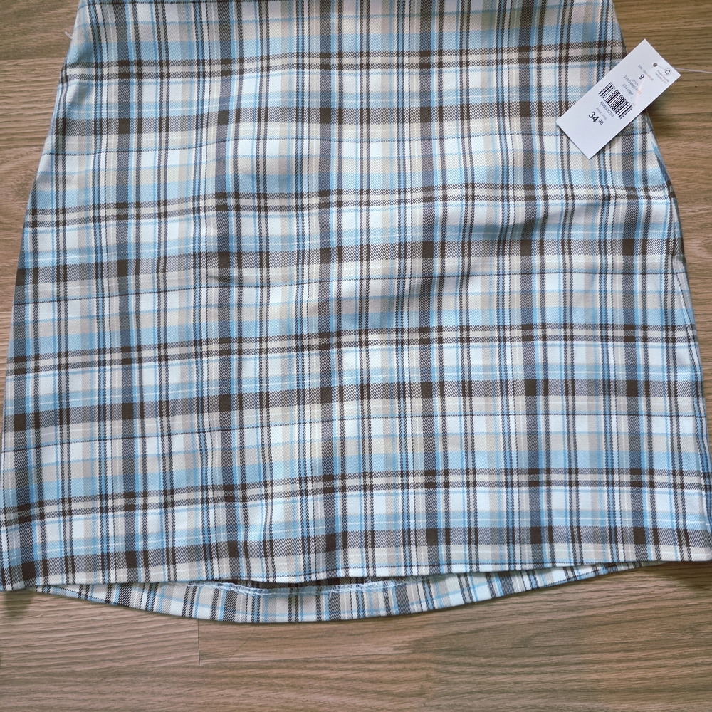 Suzy Shier Blue and Brown Plaid Pencil Skirt
